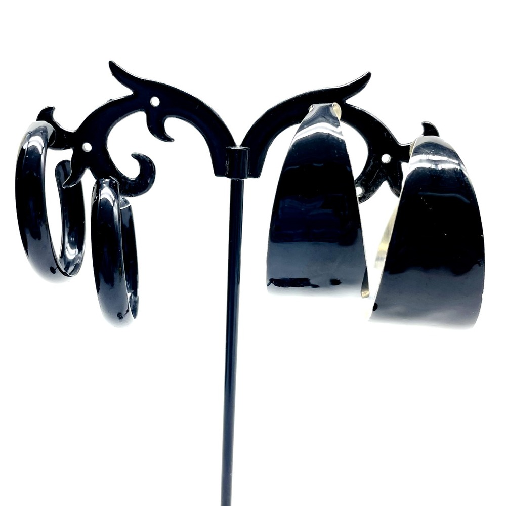 Black Hoop Earrings Silver Tone Enameled Pierced Classic Career Workwear